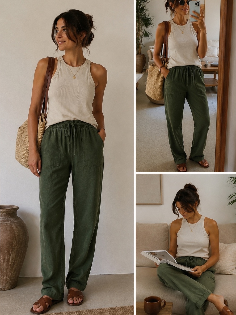 Old Navy Linen Blend Pull-On Pants Olive Green Elastic Waist Size M